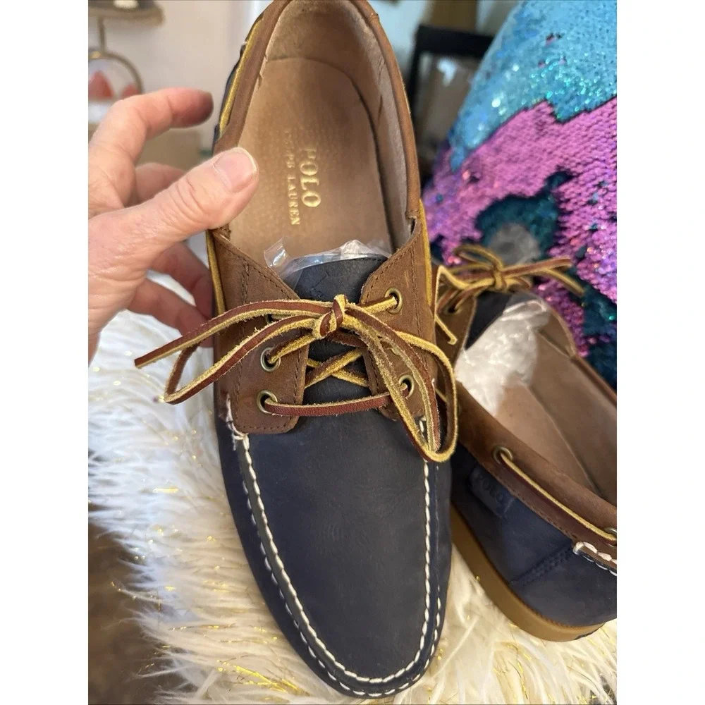 POLO Ralph Lauren BIENNE II Leather Boat Fisherman Shoe Blue Brown Men 12 Photos